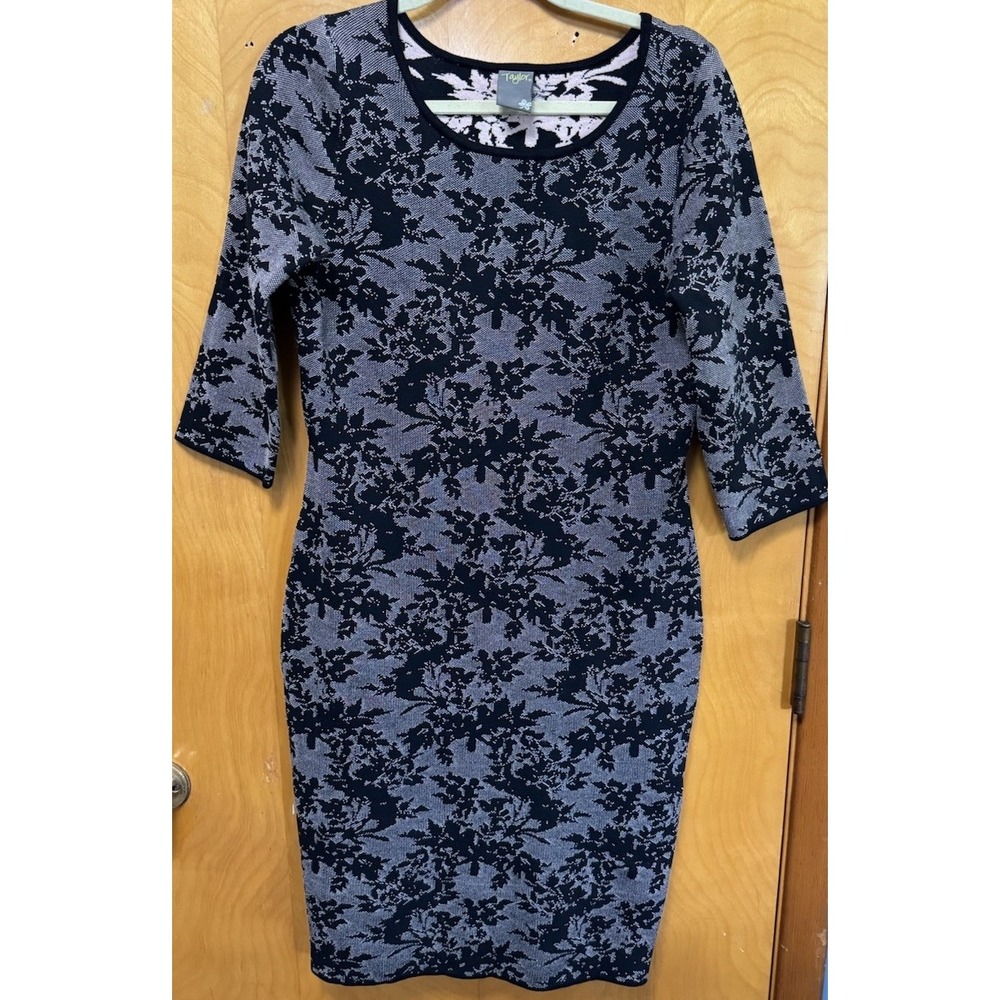 Taylor Womens Floral Sweater Knit Dress Knee Length Business Casual‎ Black Sz L